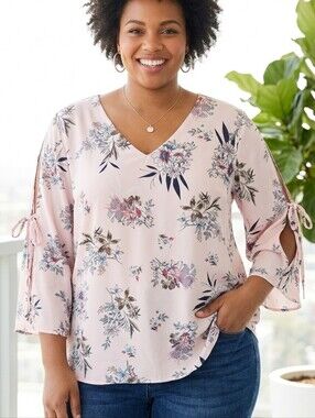 Lily Morgan Women’s Pink Floral V-Neck Tie-Sleeve Blouse Sz 2X